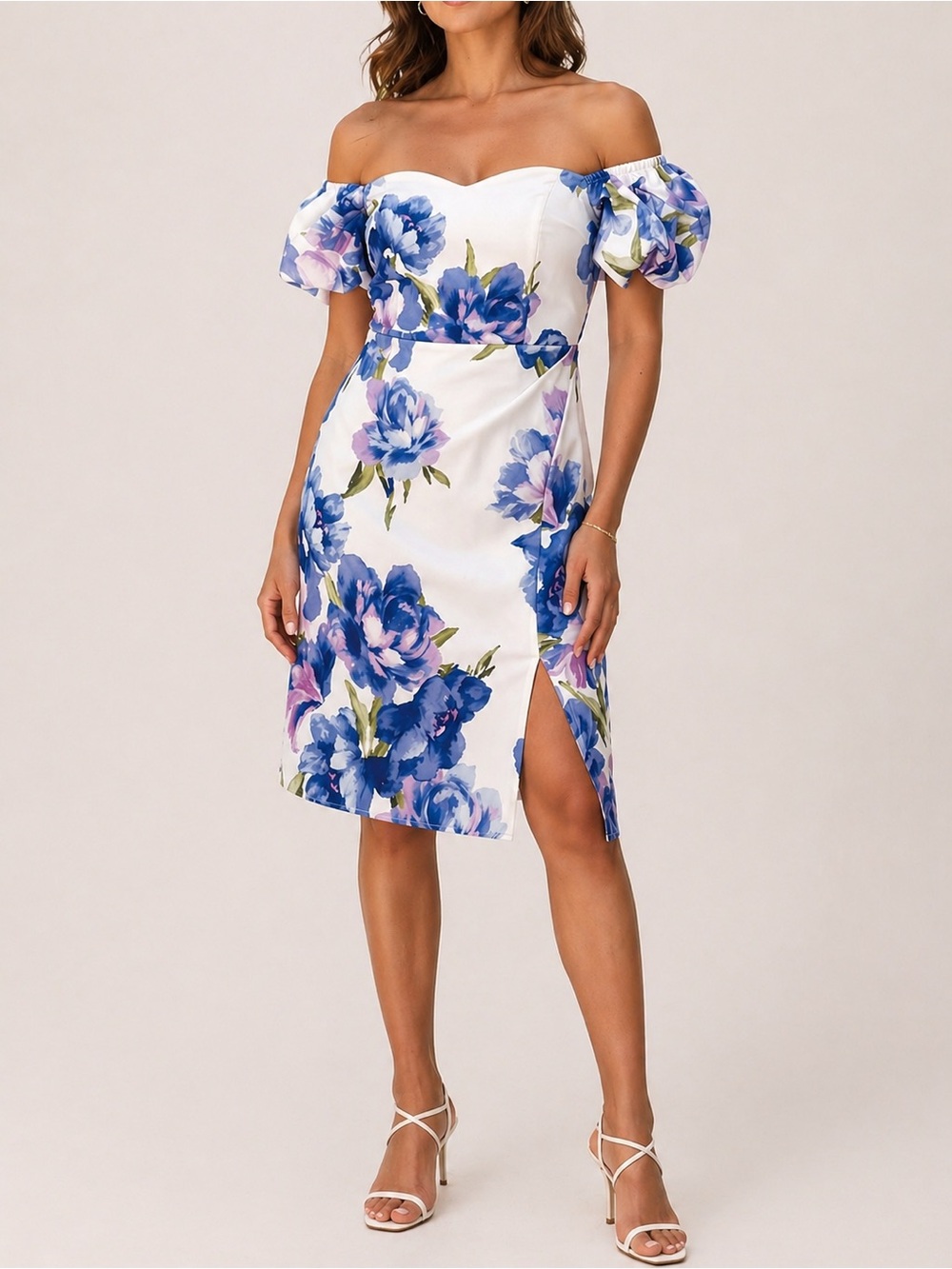 NWT Eliza J Floral Dress Size 14 White Blue Off Shoulder Puff Sleeve Midi Sheath